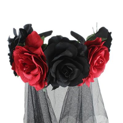 【YF】 1Pc Day Of Dead Headband Bride Lace Veil Corpse Fancy Dress Halloween Costume Party Headpiece Women Black Red Rose Flower Crown