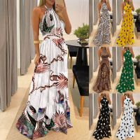 Women Boho Sundress Summer Halter Sleeveless Backless Floral Print Loose Pleated Party Dresses SZE-ST21038