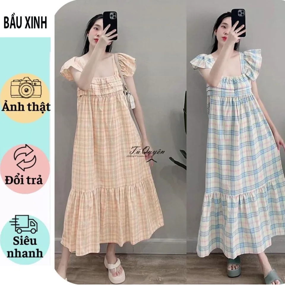 Váy hai dây kẻ đỏ vintage dáng dài babydoll,đầm 2 dây maxi đi biển mùa hè  chất kẻ đũi thô QCCC V14 SUTANO | Shopee Việt Nam