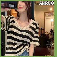 ANRUO เสื้อสเวตเตอร์แขนสั้นลายทางสำหรับผู้หญิง,เสื้อสเวตเตอร์แขนสั้นย้อนยุคที่สวยงามทันสมัยมีรูที่ผ้าบางสำหรับฤดูร้อนของ Cewek Seksi ฝรั่งเศสเสื้อเอวลอยหวานอ่อนโยน