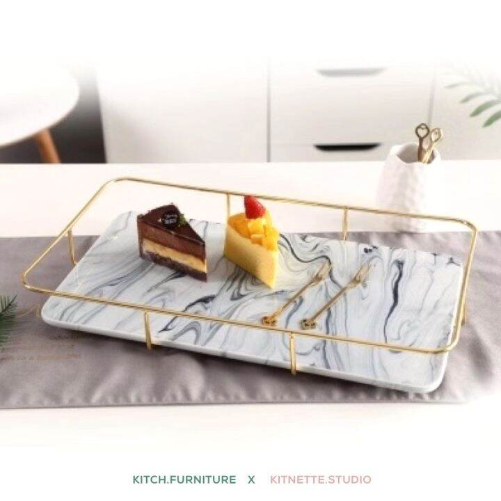 ถาดเซรามิกลายหินอ่อน-เฉพาะสีเทา-ขอบทองสุดหรู-marble-tray-ถาดอเนกประสงค์-ถาดวางเครื่องสำอางค์