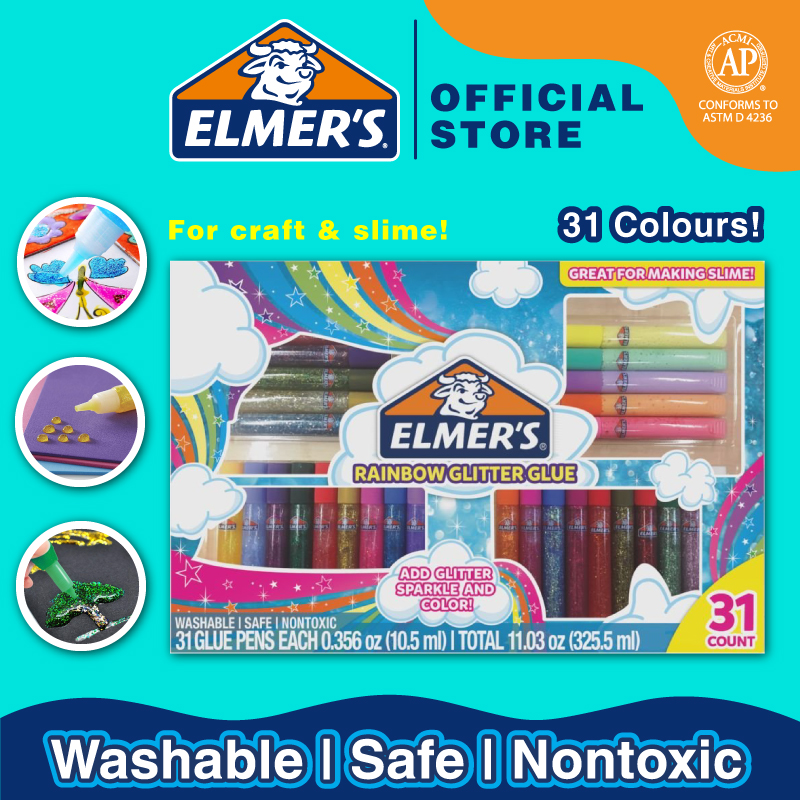 Great For Making Slime 31 Count Assorted Colors Elmer’s Rainbow Glitter Glue Pen Set 0.356 Ounces Each 