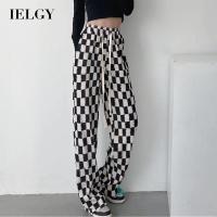 IELGY ผู้หญิง Checkerboard หลวมเอวสูง Drawstring กางเกงลำลอง