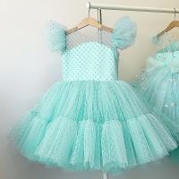 ZZOOI Polka Dot Princess Dresses for Girls Ruffles Sleeve Kids Wedding Birthday Party Tulle Gown Green Christmas Childrens Dress