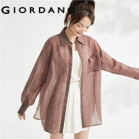 GIORDANO ผู้หญิง เสื้อเชิ้ตลำลองแขนยาวผ้าบางทอลายทางสีเข้มไมโครเชียร์ Free Shipping 18343702