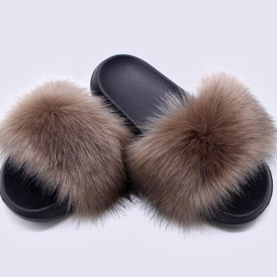 Real Fox Fur Summer Fluffy Raccoon Fur Slippers Shoes Women Flip Flop Flat Furry Fur Slides Outdoor Sandals Woman Amazing Shoes
