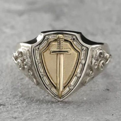 Signet แหวน R เกราะ Shield แหวนดาบ Knight Templar Crusade Cross แหวนยุคกลาง Vintage Men Amulet เครื่องประดับ