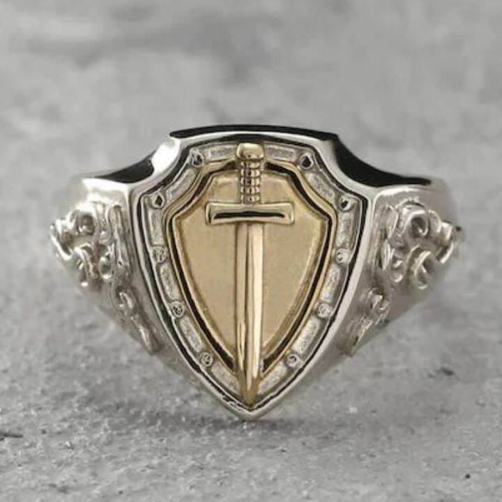 signet-แหวน-r-เกราะ-shield-แหวนดาบ-knight-templar-crusade-cross-แหวนยุคกลาง-vintage-men-amulet-เครื่องประดับ