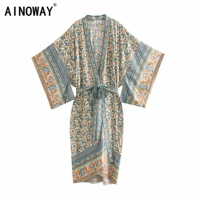 Vintage chic women floral print Batwing sleeve beach Bohemian Kimono dress Ladies V neck Summer Boho robe cover-up vestidos