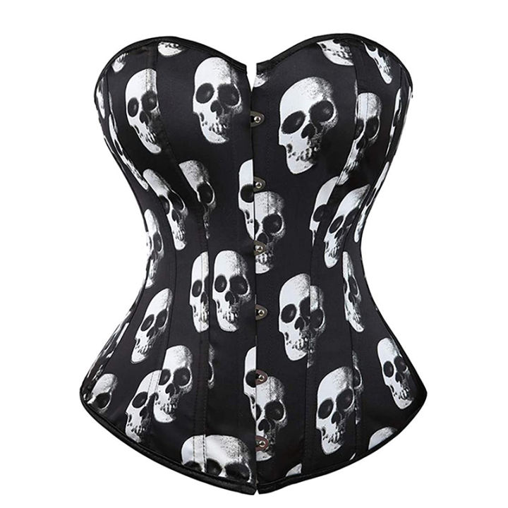 2021Gothic Overbust Corset Lingerie Top For Women Lace Up Corsele Steampunk Skull Print Slim Female Underbust Bustier Plus Size