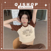 QJshop ส่งเร็วทันใช้ เสื้อเอวลอย เสื้อครอปคอกลม เสื้อยืดแขนสั้น? พิมพ์ลายคลาสสิค สีน้ำตาลวินเทจ ปังปุไม่ไหว?