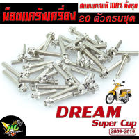 น็อตสแตนเลส ชุดแคร้ง ดรีม/น็อตชุดแท้งเครื่อง สแตนเลส รุ่น Dream Super Cup ปี 2009-2019 (20 ตัวครบชุดซ้ายขวา)น็อตชุดแท้งเครื่อง ดรีม หัวเจาะ,หัวเฟือง