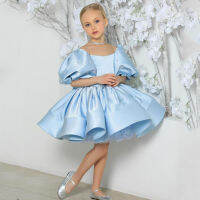 Light Blue Glitter Lush Girl Party Dresses Elegant Fluffy Girl ชุดเจ้าหญิงเงาไข่มุกหรูหราวันเกิดชุดแต่งงานสาว...