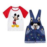 HOT★เสื้อผ้าเด็กทารกฤดูร้อน Mickey Mouse ชุดเด็กทารกผ้าฝ้ายเสื้อยืด + เข็มขัด Celana Pendek Denim ทารกเด็กวัยหัดเดินชุด1-4ปี