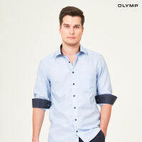 OLYMP LUXOR Shirt เสื้อเชิ้ตชาย  สีฟ้า ผ้าเท็กเจอร์ แต่งดีเทลน้ำเงิน ทรงหลวม ใส่สบาย รีดง่าย