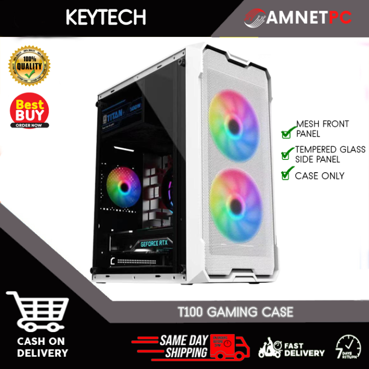 KEYTECH T100 TEMPERED GLASS Side MESH Front panel, Gaming PC Case Black, Desktop Case