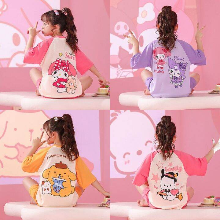 ใหม่-kawaii-sanrioed-my-melody-kuromi-cinnamoroll-เซตชุดนอนเด็กน่ารักฤดูร้อนอนิเมะเด็กหญิงเด็กชายเสื้อผ้าเด็กชุดนอนผ้าฝ้าย