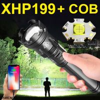 โคมไฟ XHP90ไฟฉายกล XHP199ไฟฉายทรงกระบอกทรงพลังมากโคมไฟไฟแฟลช LED แบบชาร์จไฟได้