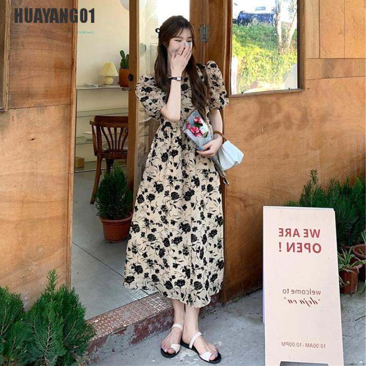 huayang01คอกลมสำหรับผู้หญิงเดรสแขนสั้นฤดูร้อนสง่างามใส่ได้ทุกวันสไตล์เกาหลีชุดเดรสลำลองนักศึกษา