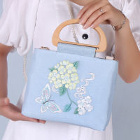 Yunzhi Kiya Hemp Organza Embroidered Flower Handbag Simple Antique Cheongsam Hanfu Bag Fairy Wooden Handle Bag