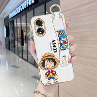 เคสใส่โทรศัพท์สำหรับ OPPO A18 A38 (มีสายรัดข้อมือ) ขอบสี่เหลี่ยมนิ่มตัวการ์ตูนน่ารักอะนิเมะ (ลูฟี่) ชุบเคลือบเคสโทรศัพท์หรูหราชุบเคสโทรศัพท์นิ่ม