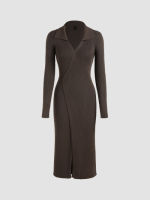 Cider Solid V-neck Split Collar Knitted Maxi Dress