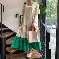 ZZOOI SHENGPALAE 2020 New Summer Women Vintage Loose High Waist Slim Was Thin Elegant Hit Colo Splice Short Sleeve Maxi Dress ZA4451