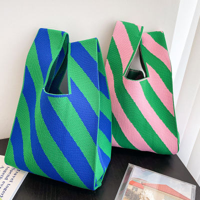 Leisure Tote Reusable Shoulder Bag Versatile Japanese Students Lady Knitted Handbag Stripe Fashion