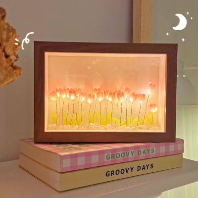 Handmade artificial Tulip eternal flower picture frame night light DIY Material Bedside sleep light Home Ornament birthday gift