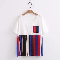 【มีไซส์ใหญ่】Plus Size Womens Short Sleeve Striped Patchwork Summer T-shirts Oversized Casual Female White Tops