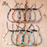 กระบอกลูกปืนหินธรรมชาติสร้อยข้อมือทำด้วยมือเงินเสน่ห์เครื่องประดับ Boho สำหรับผู้หญิงของขวัญครอบครัว