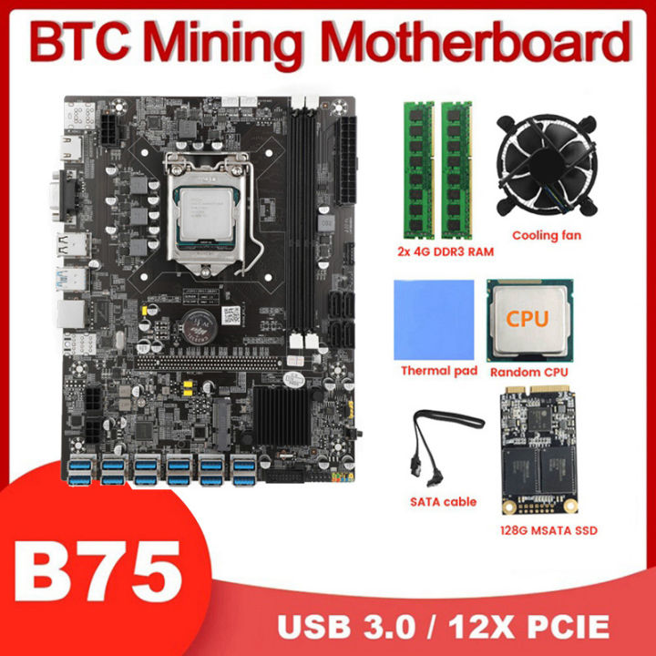 b75-12usb-btc-miner-motherboard-cpu-2x4g-ddr3-ram-128g-ssd-cpu-fan-thermal-pad-sata-cable-12-gpu-lga1155-ddr3-slot-msata