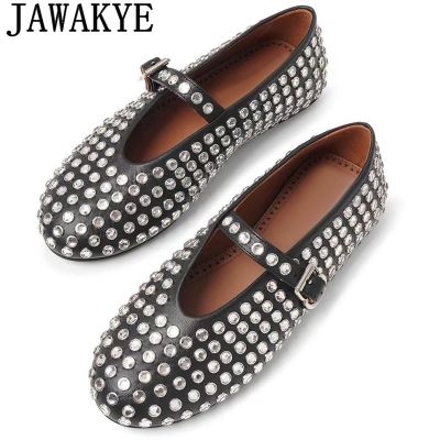 hot【DT】 2023 Round Toe Rhinestone Flat Ballet Shoes Brand Leather Rivet Buckle Loafers Causal Walking