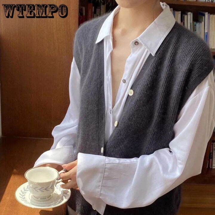 wtempo-คาร์ดิแกนสำหรับผู้หญิง-ใหม่เสื้อถักคาร์ดิแกนพร้อมกระดุมคอวีสไตล์ญี่ปุ่นสำหรับสาวออฟฟิศเสื้อกั๊กเสื้อสเวตเตอร์หรูหราใหม่