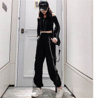 Womens Cargo Pants with Chain Buckle Ribbon Pockets Female Joggers Elastic Waist Streetwear Harajuku Pant Punk Ring Trousers