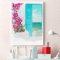 Santorini สีน้ำ Art ภาพวาดผ้าใบ | Blue Gate Greek Island Beach Landscape พิมพ์โปสเตอร์ภาพผนัง Coastal Home Decor