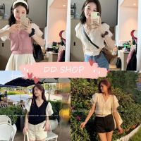 DD SHOPพร้อมส่ง32109 เสื้อไหมพรมแขนสั้น คอวีดีเทลแขนชีฟองระบายน่ารัก ()