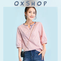 QXshop ราคาพิเศษสุด ? เสื้อลายทางแขนสามส่วน เสื้อคอวีทรงสุภาพ✨ ใส่ทำงานให้ลุคสาวworking women ดูดีมีสไตล์มากแม่ จัดเลยย!!