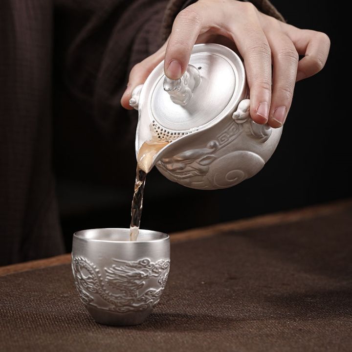 ชุดชาใช้ในบ้านเซรามิกเงินทองทำด้วยมือแบบย้อนยุคขนาดเล็กกระถางเงิน999สเตอร์ลิงเงินกังฟู-xishi-กาน้ำชาเงินกาน้ำชาแบบมีฟอง