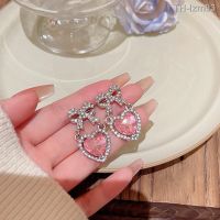 ? เครื่องประดับ 925 silver needle light luxury niche zircon pink earrings female ins tide love super flash set auger bowknot studs earrings