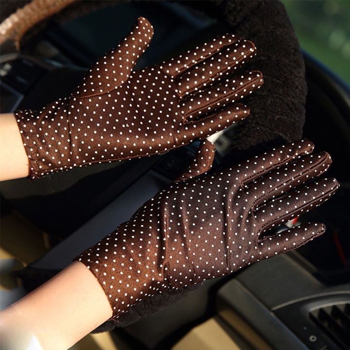 ถุงมือขับรถมีจุดบางกันแดดผ้าสแปนเด็กซ์กันยูวีสำหรับฤดูใบไม้ผลิถุงมือสตรี
