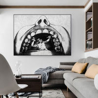 Black and White Art Man in Mouth Canvas Painting Funny Poster and Prints Nordic Wall Picture Living Room Decor Cuadros No Frame