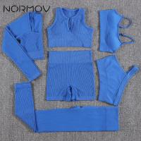 NORMOV 2/3/4/6 PCS Sport Sets Ribbed Seamless Gym Set 6 Styles Long Sleeve Yoga Outfits Shorts High Waist Sportwear Fitness Suit Protective Gear