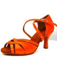 Evkoodance Classical Shoes Latin Dance Shoes Satin Orange 7Cm Heel Ballroom Party Dance Shoes For Women