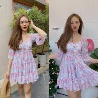 P15092 เดรสคอเหลี่ยมรูดอกระบายชั้นลายดอกผ้าชีฟอง Square neckline floral chiffon ruffled dress.