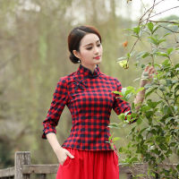 Red Black Plaid Blouse Chinese Style Cotton Shirt Qipao Tops Chinese Costume Hanfu Chinois Blouse Women Tshirt Plaid Blouse