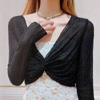 Womens Black Bright Silk Skirt Outside The Thin Section Lace Shawl Sunscreen Blouse Yang Qi Long-sleeved Mesh Tops