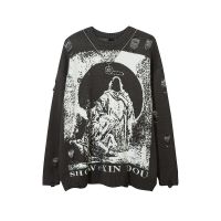 ；【‘；- Women Streetwear Hip Hop Harajuku Priest Salvation Destroyed Hole Ripped Pullovers Printed Knitwears Jumper Oversized Men