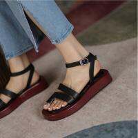 Meotina Women Shoes Genuine Leather Sandals Ankle Strap Flat Sandals Square Toe Cow Leather Ladies Footwear Summer Black Fashion