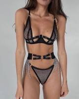 2023 Korean Mesh Erotic Set Women Gothic Black Cut Out Chain Decorated Brief Lingerie Set